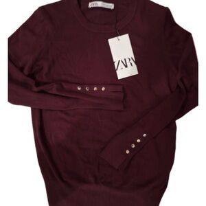 Zara Women's Deep Burgundy Crew Neck Sweater